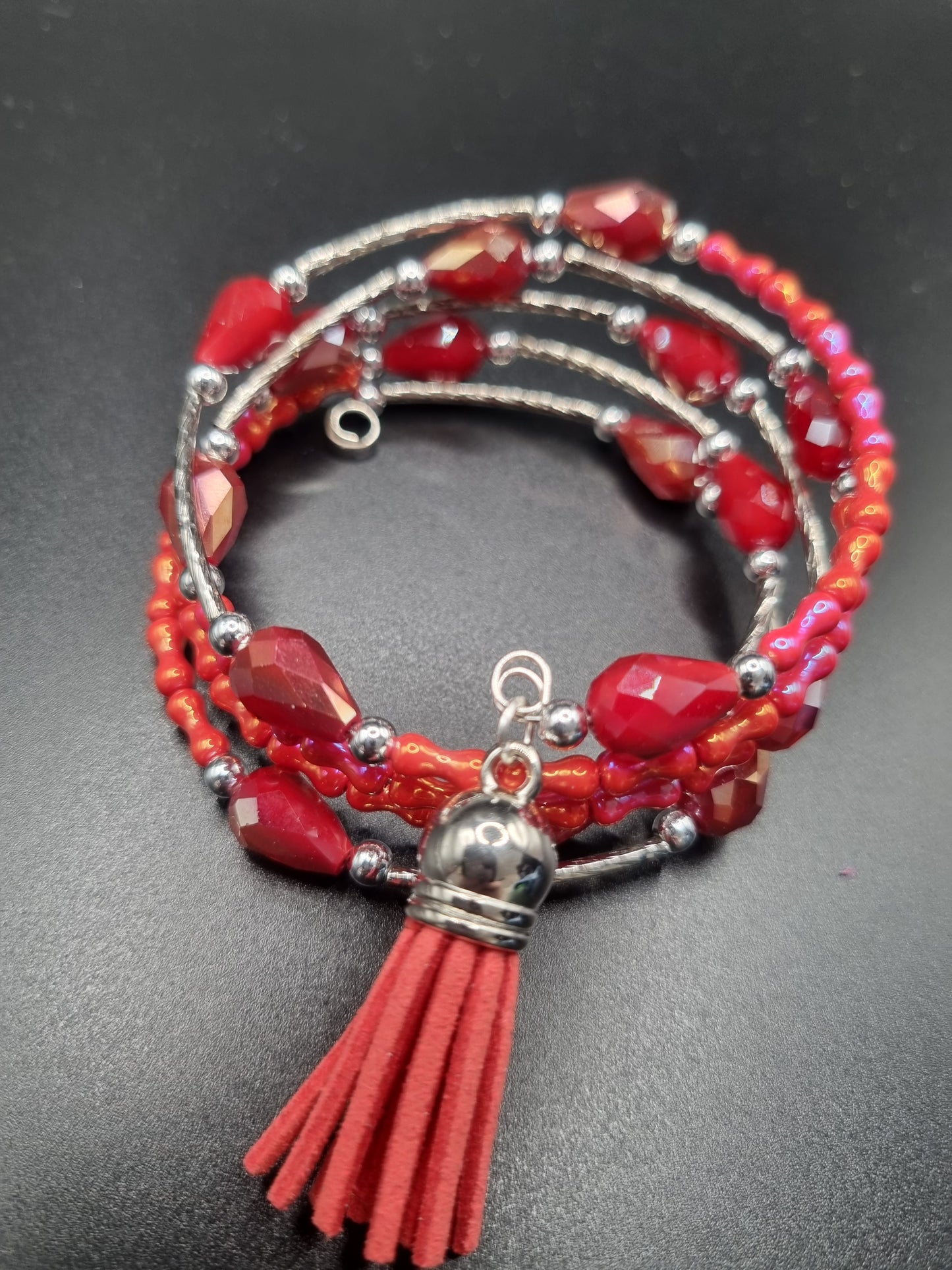 MEMORY WIRE BRACELETS VARIOUS COLOURS, SEED BEAD, CRYSTAL & THAI SILVER WITH TASSELL CHARM