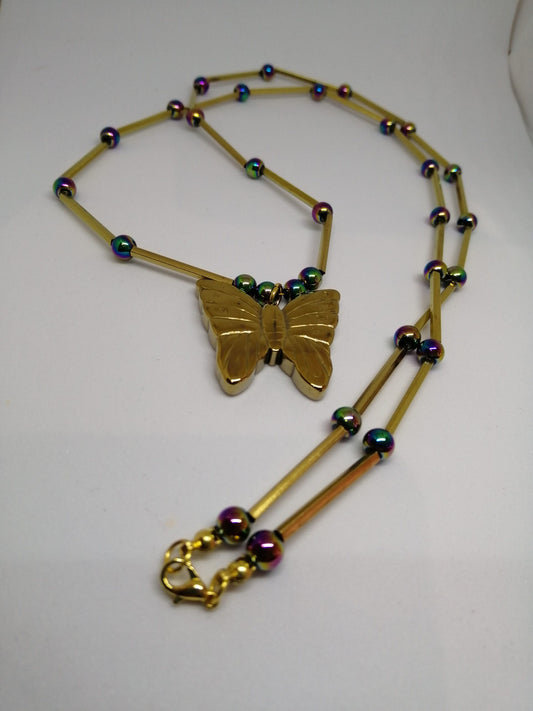 GOLD PLATED HEMATITE NECKLACE WITH BUTTERFLY PENDANT